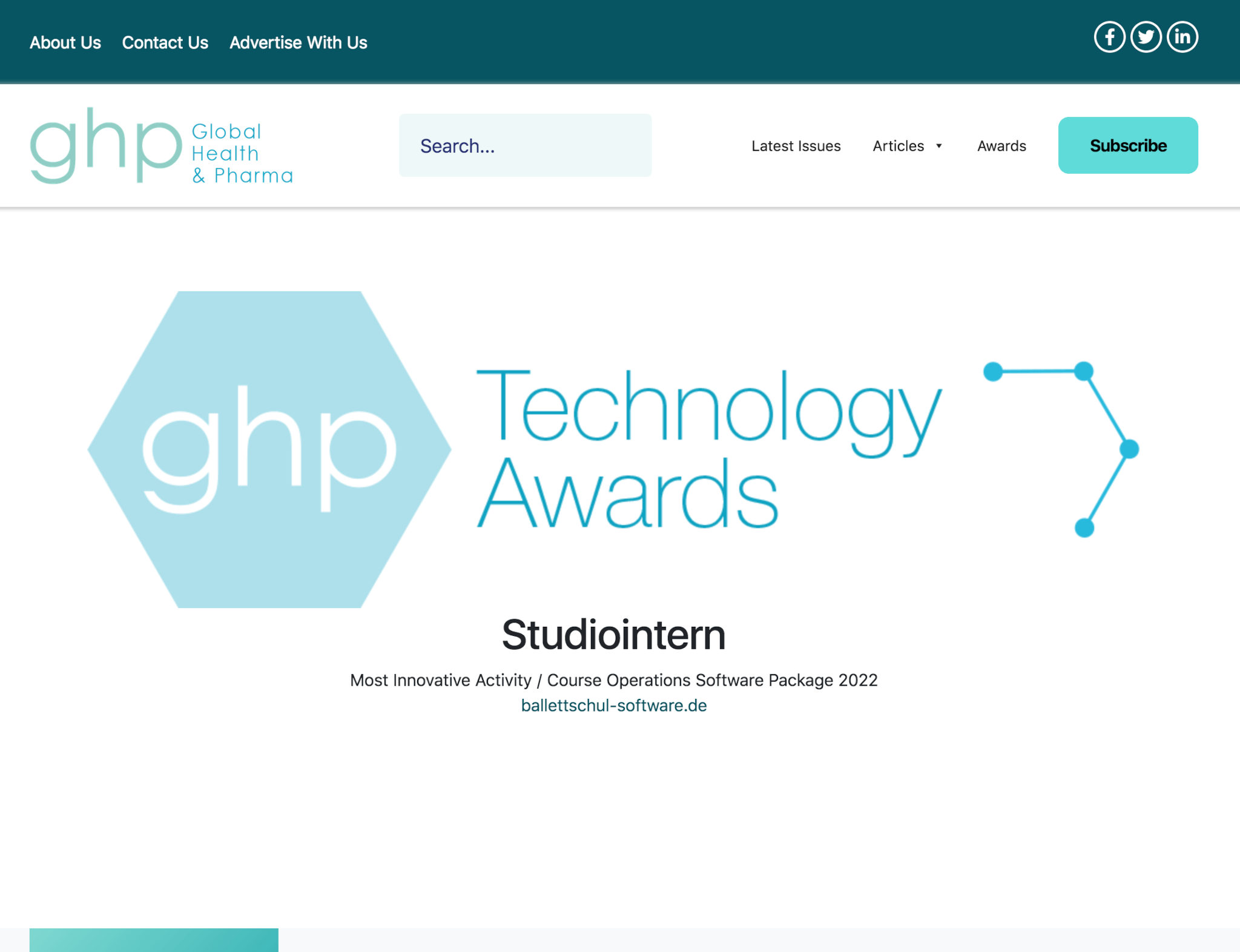StudioIntern wurde 2022 mit dem Technology Award des Global Health & Pharma Magazine ausgezeichnet.