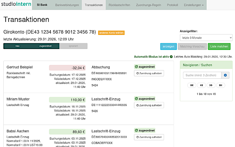 Die Lösung: SI Bank ist das StudioIntern-Plugin, das Banktransaktionen automatisch abruft und intelligent Ihren Kundenkonten zuordnet