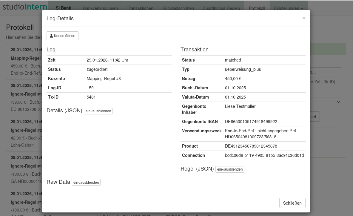SI Bank: Protokoll-Detail