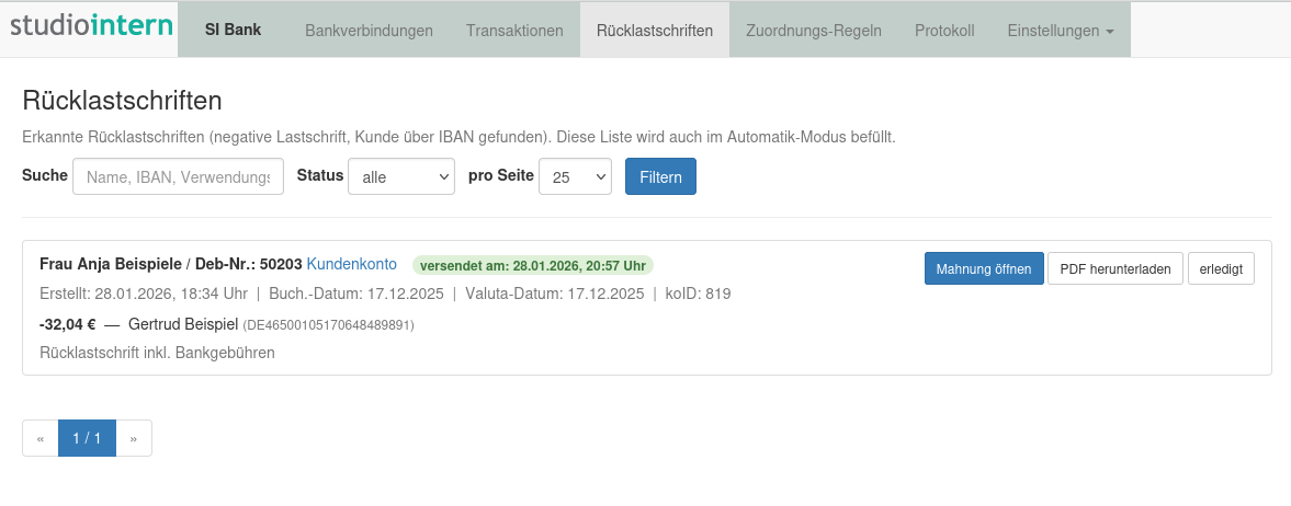 SI Bank: Rücklastschrift Mahnung